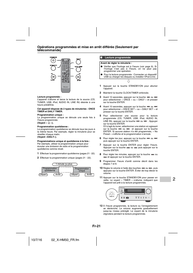 Programmations unique et quotidienne à la fois, Lecture programmée, Fr-21 | Pioneer X-HM50-K User Manual | Page 45 / 76