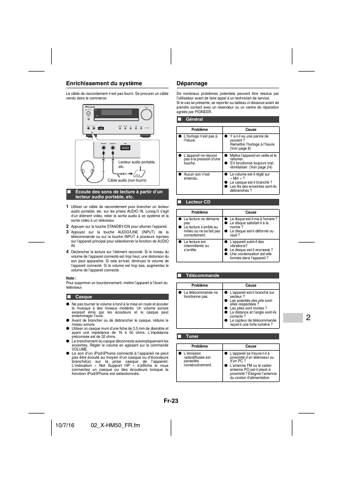 Enrichissement du système, Casque, Dépannage | Général, Lecteur cd, Télécommande, Tuner, Dépannage - 24, Fr-23 | Pioneer X-HM50-K User Manual | Page 47 / 76