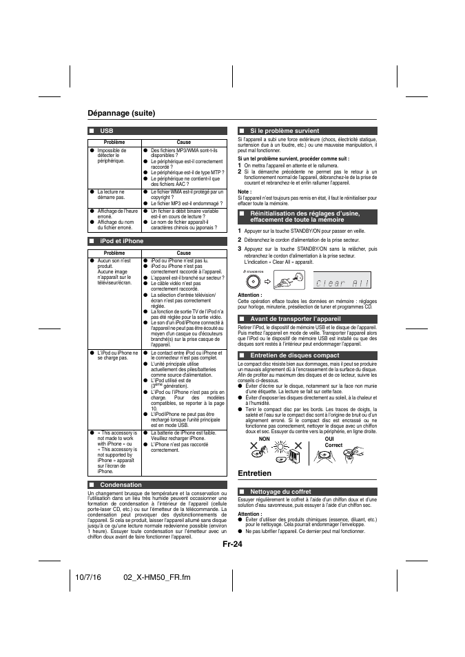 Dépannage (suite), Ipod et iphone, Condensation | Si le problème survient, Avant de transporter l’appareil, Entretien de disques compact, Entretien, Nettoyage du coffret, Fr-24 | Pioneer X-HM50-K User Manual | Page 48 / 76