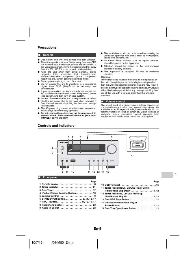 Precautions, General, Volume control | Controls and indicators, Front panel, Remote sensor 8, Timer indicator 21, Ipod or iphone docking station 10, Volume control 9, Input button 11, 12, 15, 17 | Pioneer X-HM50-K User Manual | Page 5 / 76