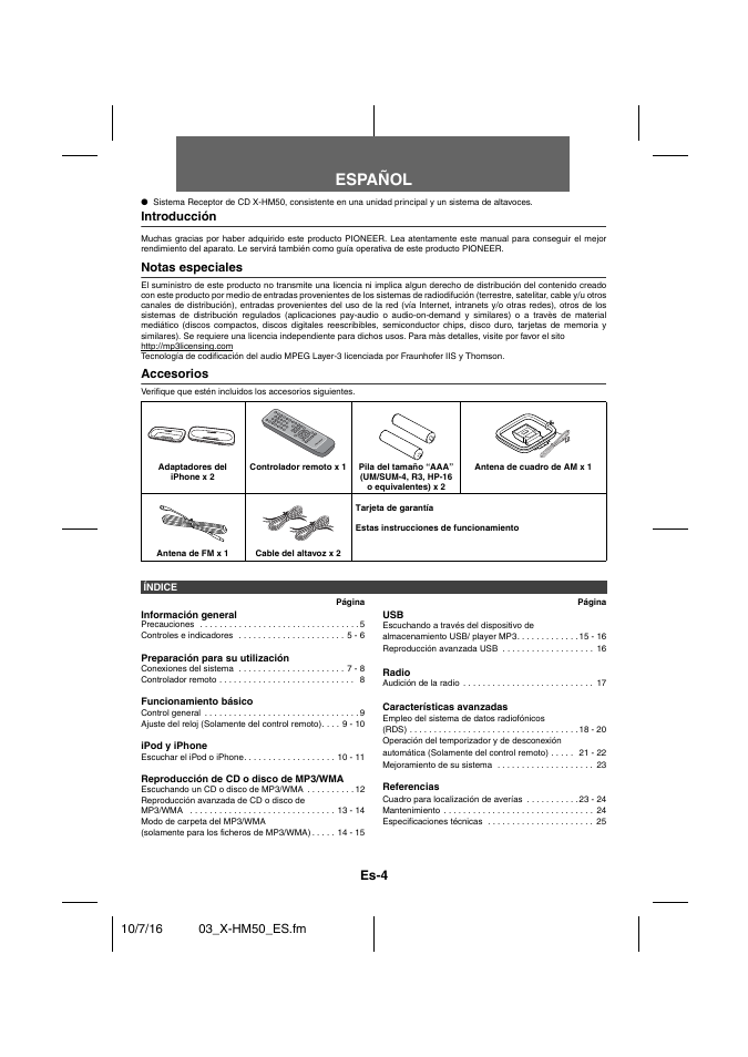 Índice, Español, Sistema receptor de cd | Manual de instrucciones, Es-4 | Pioneer X-HM50-K User Manual | Page 52 / 76