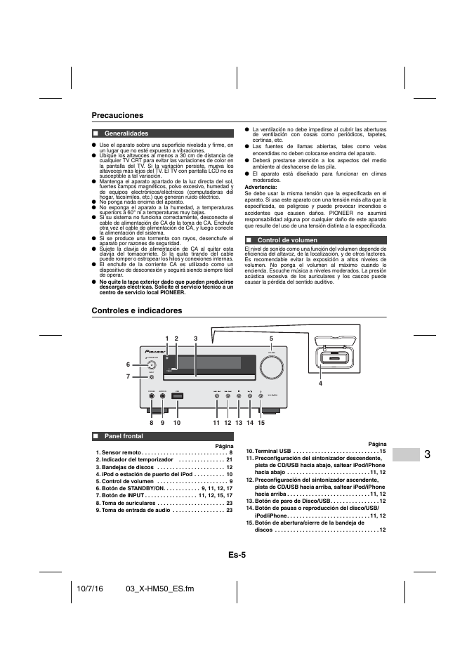 Precauciones, Generalidades, Control de volumen | Controles e indicadores, Panel frontal, Sensor remoto 8, Indicador del temporizador 21, Bandejas de discos 12, Ipod o estación de puerto del ipod 10, Control de volumen 9 | Pioneer X-HM50-K User Manual | Page 53 / 76