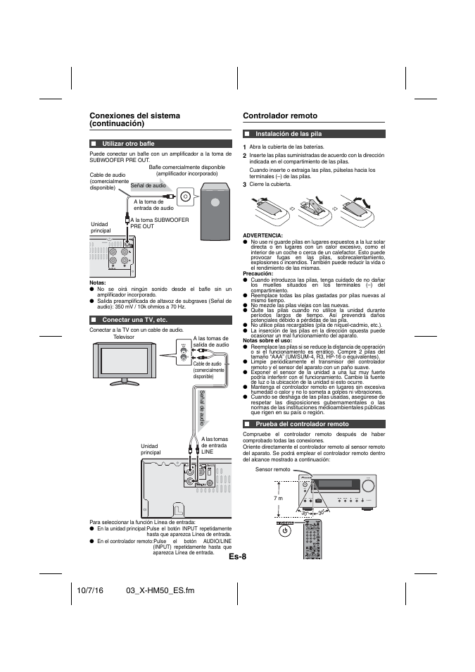 Conexiones del sistema (continuación), Utilizar otro bafle, Conectar una tv, etc | Conectar a la tv con un cable de audio, Controlador remoto, Instalación de las pila, Prueba del controlador remoto, Es-8 | Pioneer X-HM50-K User Manual | Page 56 / 76