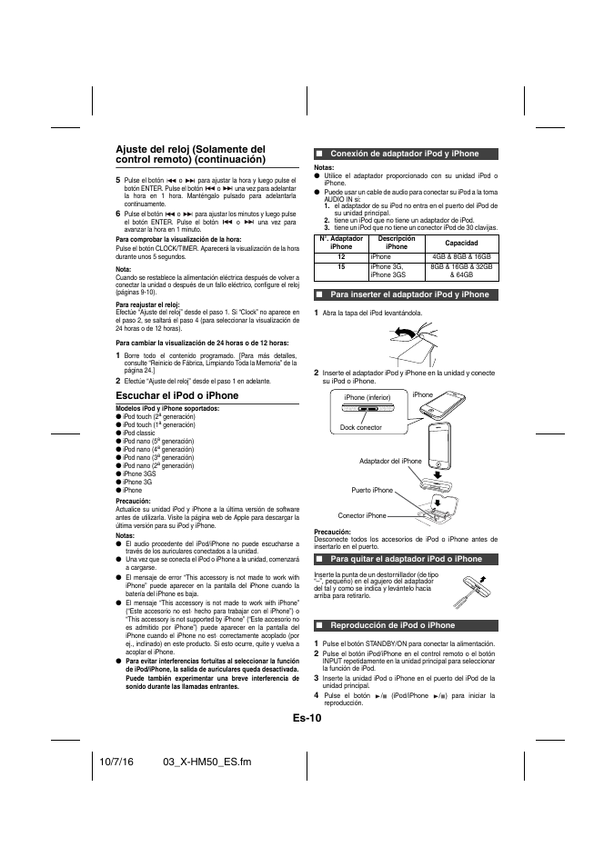 Para comprobar la visualización de la hora, Escuchar el ipod o iphone, Conexión de adaptador ipod y iphone | Notas, Tiene un ipod que no tiene un adaptador de ipod, Para inserter el adaptador ipod y iphone, Para quitar el adaptador ipod o iphone, Reproducción de ipod o iphone, Escuchar el ipod o iphone - 11, Es-10 | Pioneer X-HM50-K User Manual | Page 58 / 76