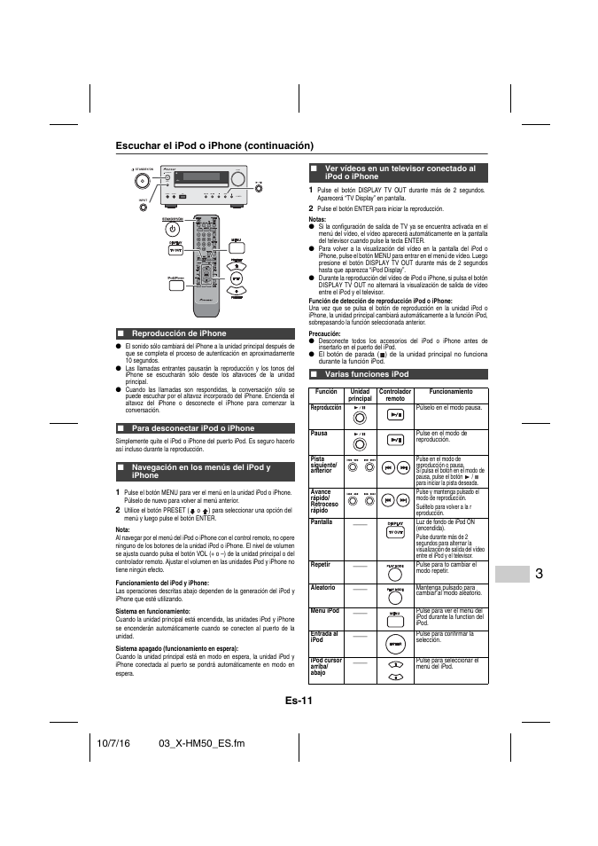 Escuchar el ipod o iphone (continuación), Reproducción de iphone, Para desconectar ipod o iphone | Navegación en los menús del ipod y iphone, Varias funciones ipod, Es-11 | Pioneer X-HM50-K User Manual | Page 59 / 76