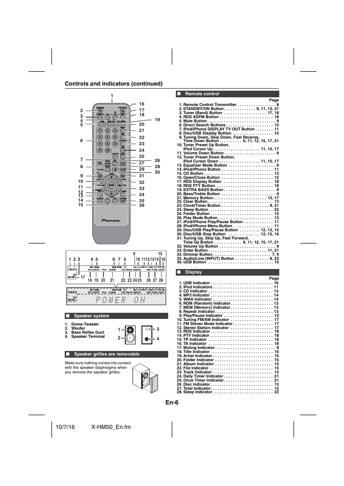 Controls and indicators (continued), Speaker system, Speaker grilles are removable | Remote control, Remote control transmitter 8, Standby/on button 9, 11, 12, 21, Tuner (band) button 17, 18, Rds aspm button 18, Mute button 9, Direct search buttons 13 | Pioneer X-HM50-K User Manual | Page 6 / 76