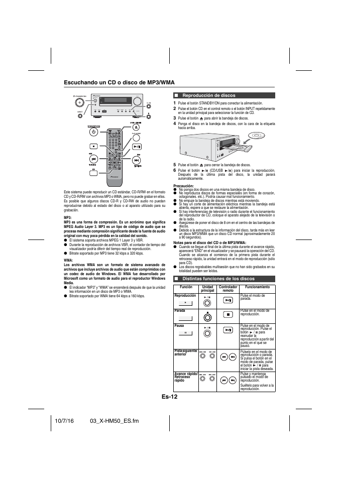 Escuchando un cd o disco de mp3/wma, Reproducción de discos, Distintas funciones de los discos | Es-12 | Pioneer X-HM50-K User Manual | Page 60 / 76