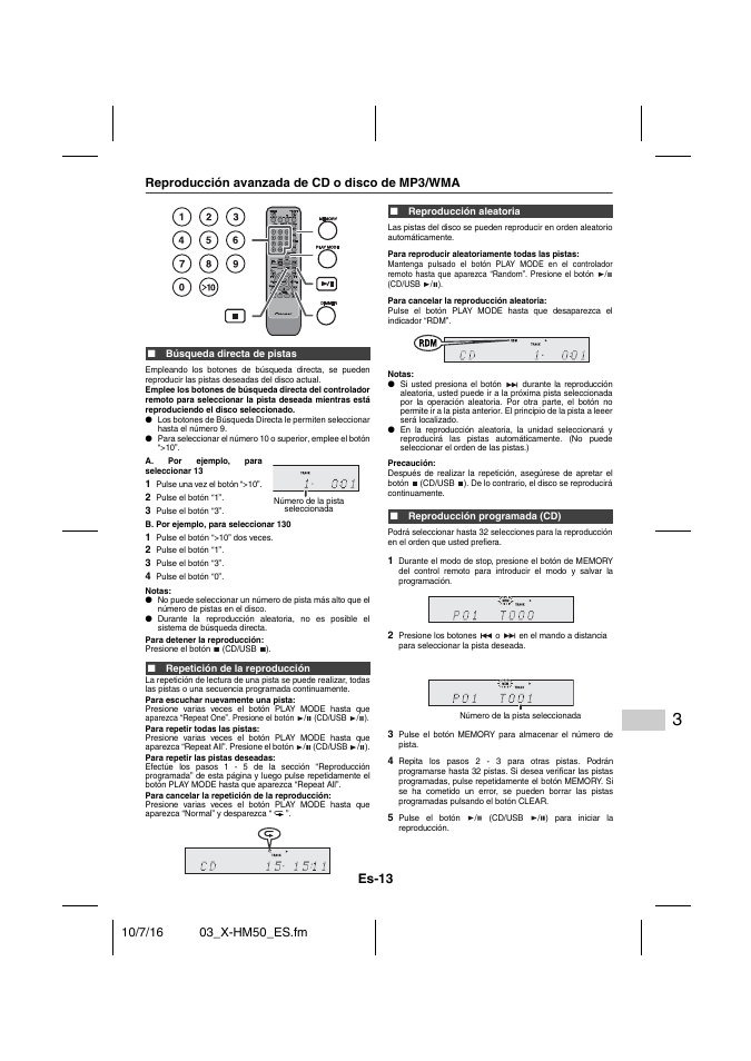 Reproducción avanzada de cd o disco de mp3/wma, Búsqueda directa de pistas, Repetición de la reproducción | Reproducción aleatoria, Reproducción programada (cd), Es-13 | Pioneer X-HM50-K User Manual | Page 61 / 76