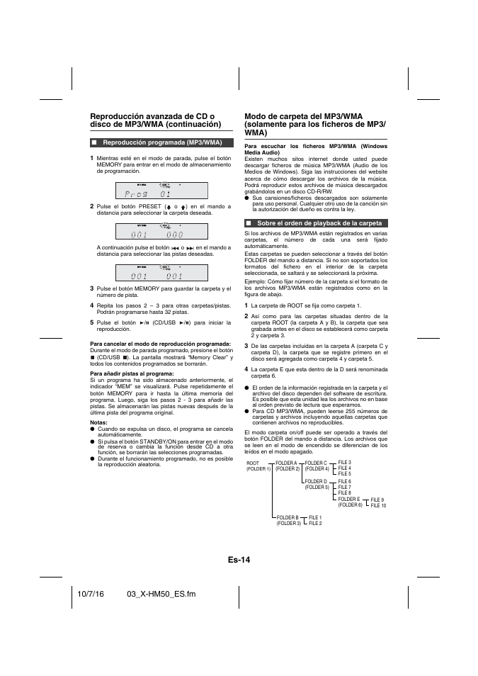 Reproducción programada (mp3/wma), Sobre el orden de playback de la carpeta, Es-14 | Pioneer X-HM50-K User Manual | Page 62 / 76