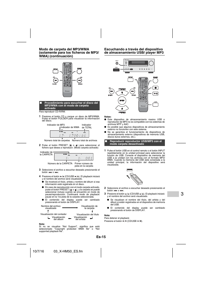 Presione el botón / (cd/usb /), Es-15 | Pioneer X-HM50-K User Manual | Page 63 / 76