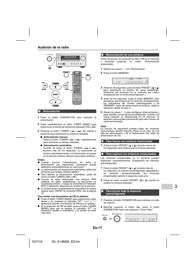 Audición de la radio, Sintonización, Memorización de una emisora | Para llamar una emisora memorizada, Para explorar las emisoras preajustadas, Para borrar toda la memoria preconfigurada, Es-17 | Pioneer X-HM50-K User Manual | Page 65 / 76