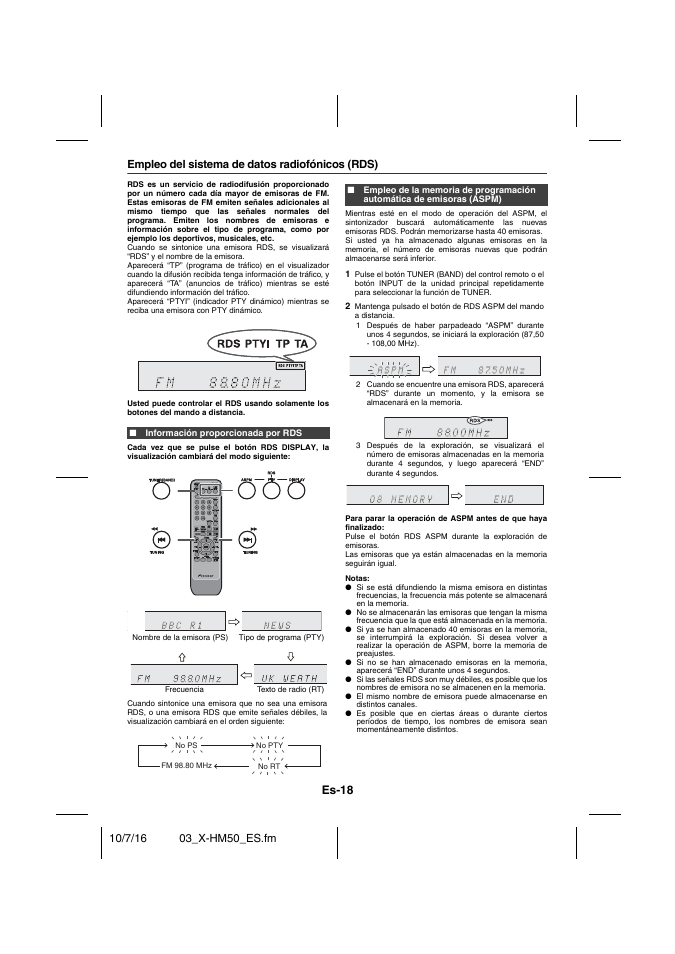 Información proporcionada por rds, Es-18, Empleo del sistema de datos radiofónicos (rds) | Pioneer X-HM50-K User Manual | Page 66 / 76