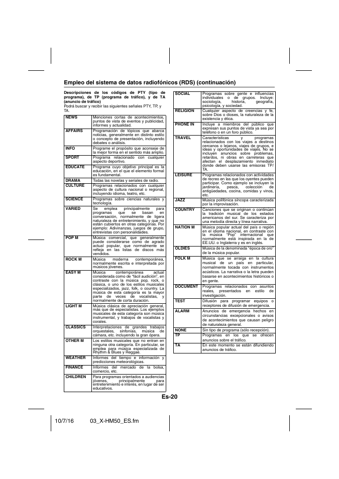 Es-20 | Pioneer X-HM50-K User Manual | Page 68 / 76