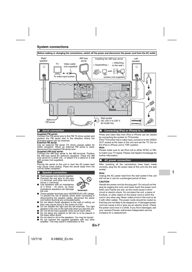 System connections, Aerial connection, Speaker connection | Connecting ipod or iphone to tv, Ac power connection, System connections - 8, En-7 | Pioneer X-HM50-K User Manual | Page 7 / 76