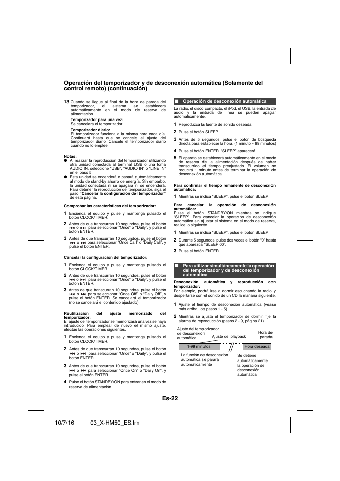 Operación de desconexión automática, Es-22 | Pioneer X-HM50-K User Manual | Page 70 / 76