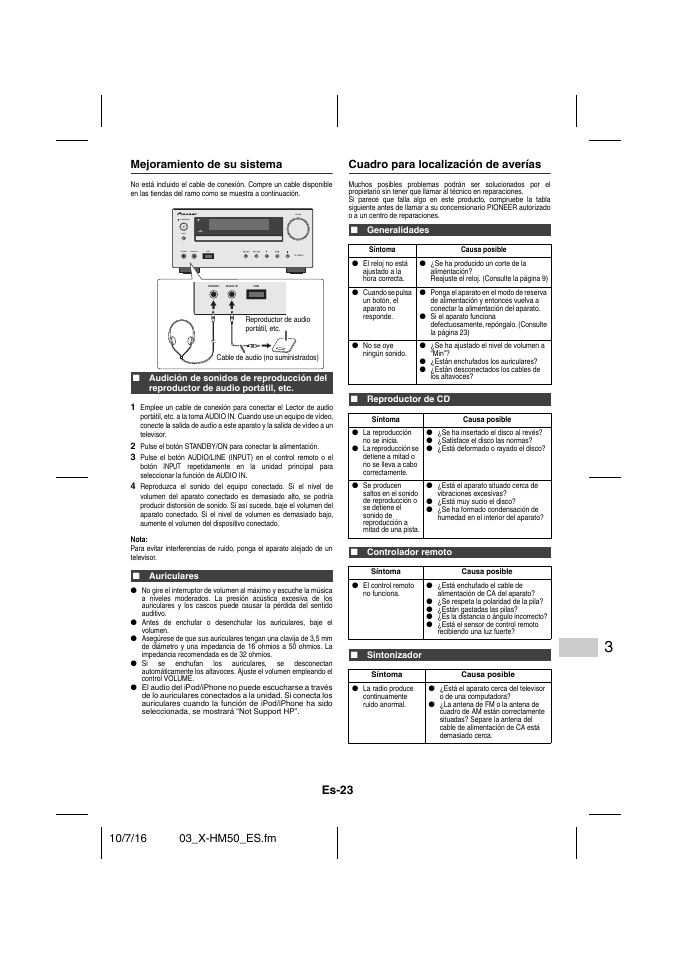 Mejoramiento de su sistema, Auriculares, Cuadro para localización de averías | Generalidades, Reproductor de cd, Controlador remoto, Sintonizador, Cuadro para localización de averías - 24, Es-23 | Pioneer X-HM50-K User Manual | Page 71 / 76