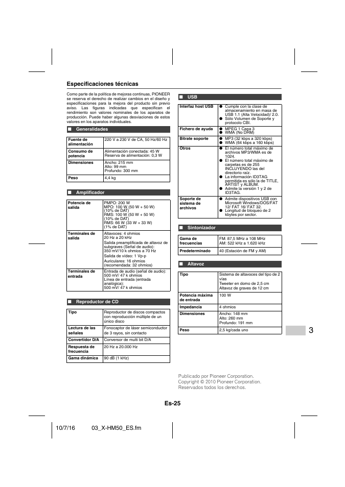 Especificaciones técnicas, Generalidades, Amplificador | Reproductor de cd, Sintonizador, Altavoz, Es-25 | Pioneer X-HM50-K User Manual | Page 73 / 76