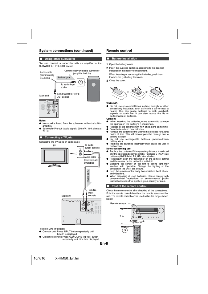 System connections (continued), Using other subwoofer, Connecting a tv, etc | Connect to the tv using an audio cable, Battery installation, Test of the remote control, Remote control, En-8 | Pioneer X-HM50-K User Manual | Page 8 / 76