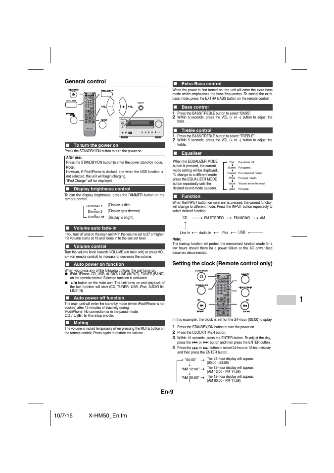 General control, To turn the power on, Display brightness control | Volume auto fade-in, Volume control, Auto power on function, Auto power off function, Muting, Extra-bass control, Bass control | Pioneer X-HM50-K User Manual | Page 9 / 76
