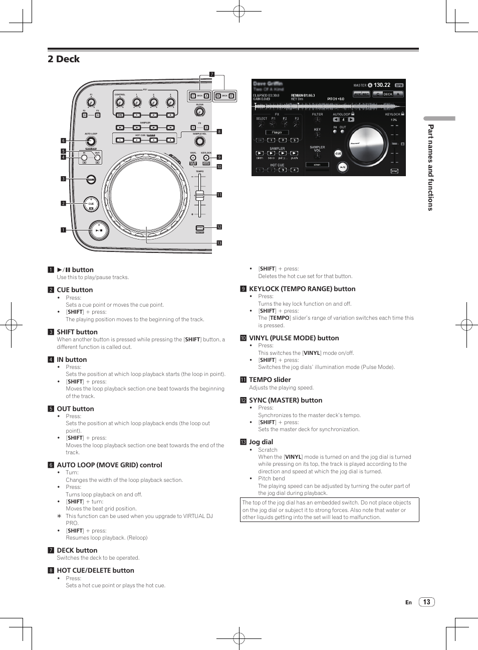 2 deck, Part names and functions, 1 f button | 2cue button, 3shift button, 4in button, 5out button, 6auto loop (move grid) control, 7deck button, 8hot cue/delete button | Pioneer DDJ-ERGO-V User Manual | Page 13 / 32