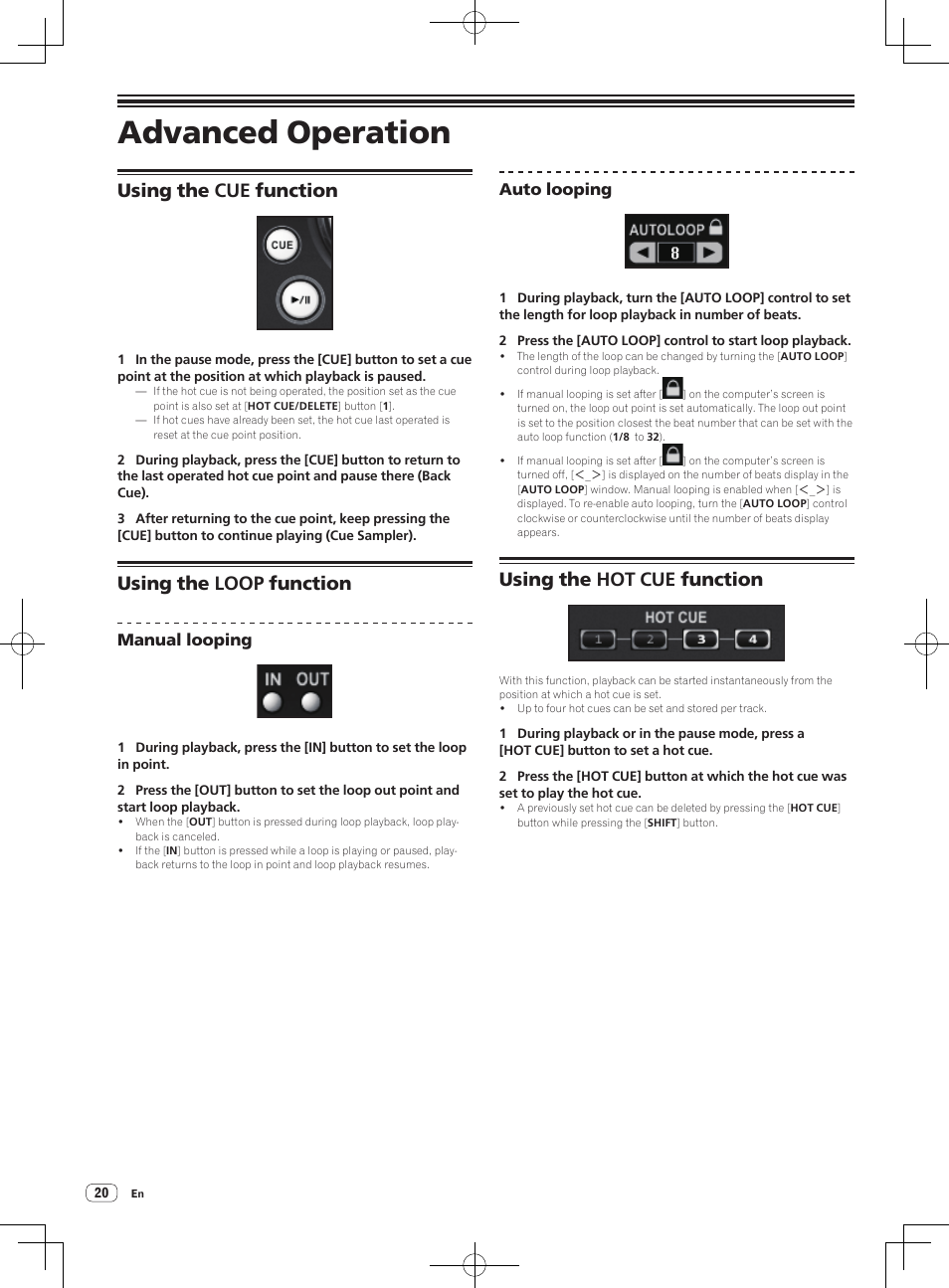 Advanced operation, Using the cue function, Using the loop function | Using the hot cue function | Pioneer DDJ-ERGO-V User Manual | Page 20 / 32