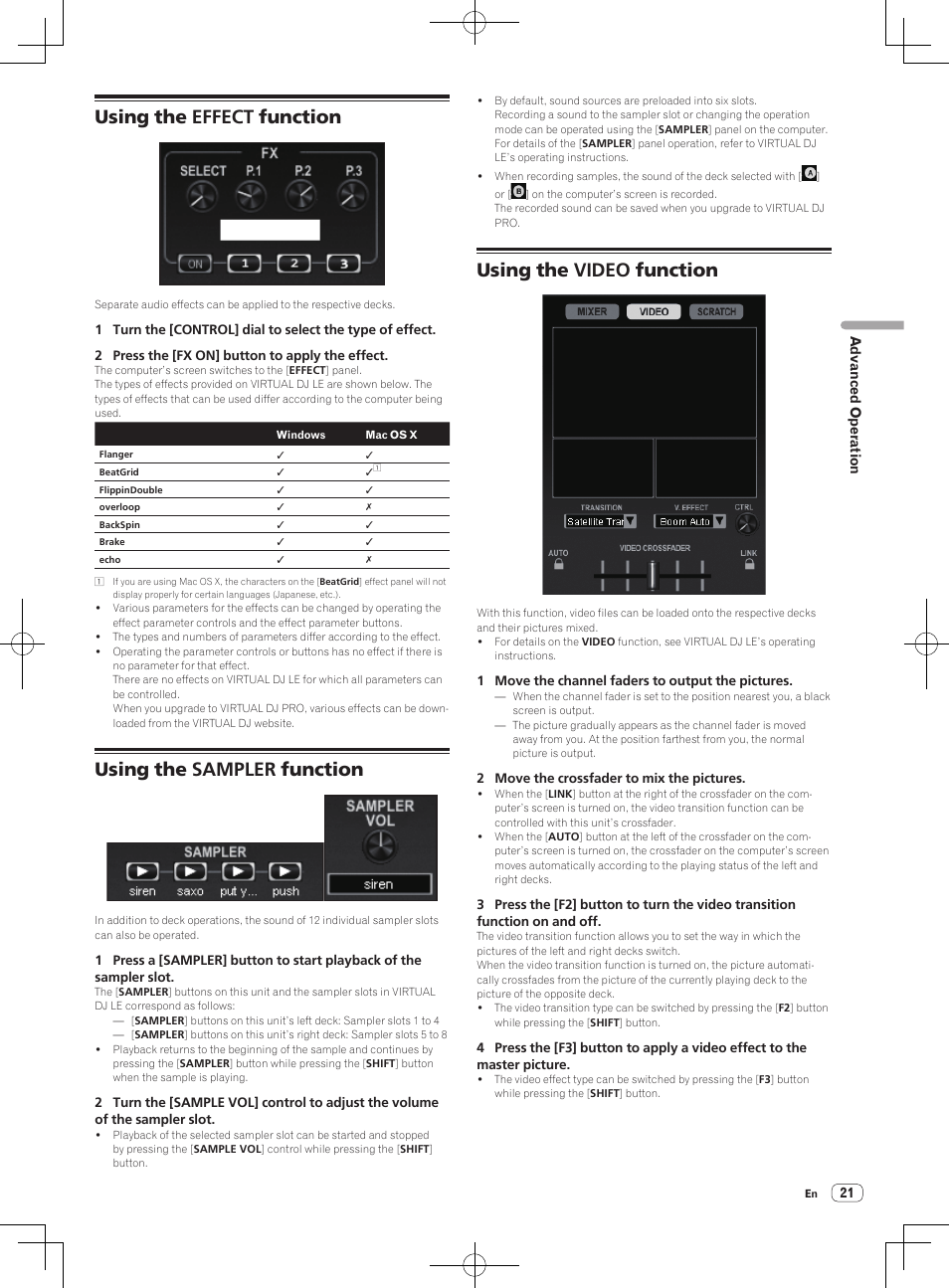 Using the effect function, Using the sampler function, Using the video function | Pioneer DDJ-ERGO-V User Manual | Page 21 / 32