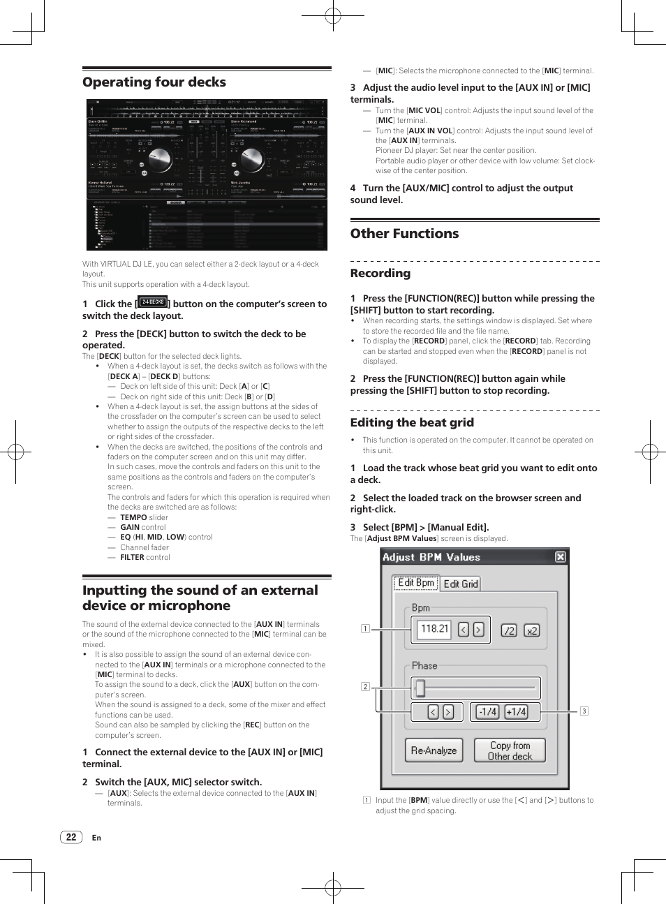 Operating four decks, Other functions, Recording | Editing the beat grid | Pioneer DDJ-ERGO-V User Manual | Page 22 / 32