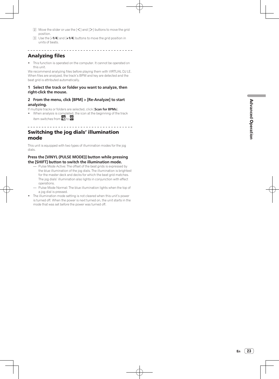 Analyzing files, Switching the jog dials’ illumination mode | Pioneer DDJ-ERGO-V User Manual | Page 23 / 32