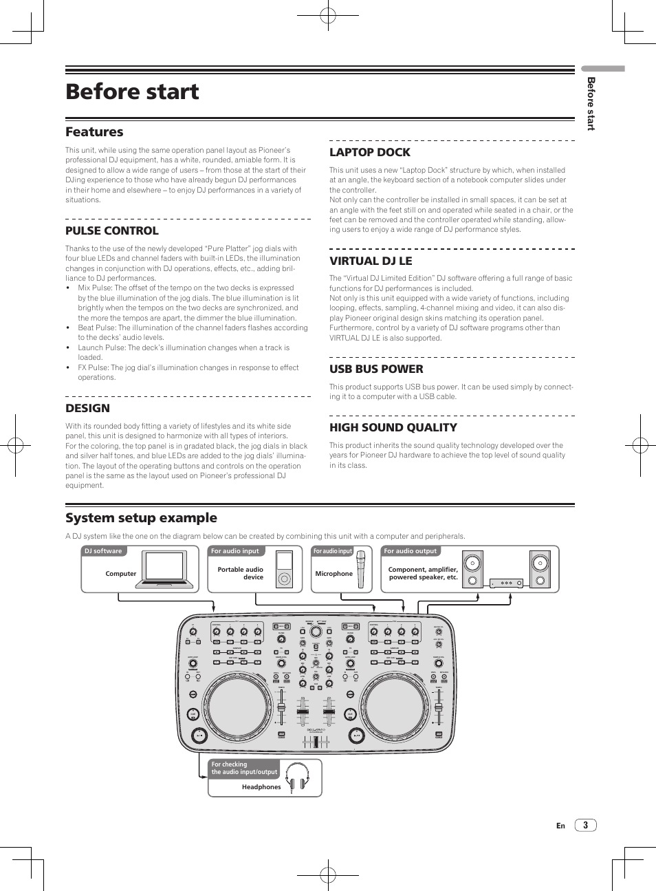 Before start, Features, System setup example | Features system setup example, Pulse control, Design, Laptop dock, Virtual dj le, Usb bus power, High sound quality | Pioneer DDJ-ERGO-V User Manual | Page 3 / 32