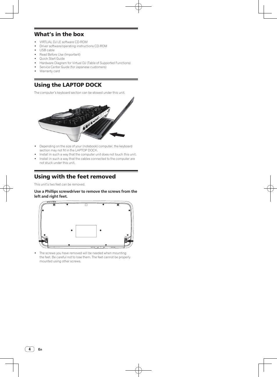 What’s in the box, Using the laptop dock, Using with the feet removed | Pioneer DDJ-ERGO-V User Manual | Page 4 / 32