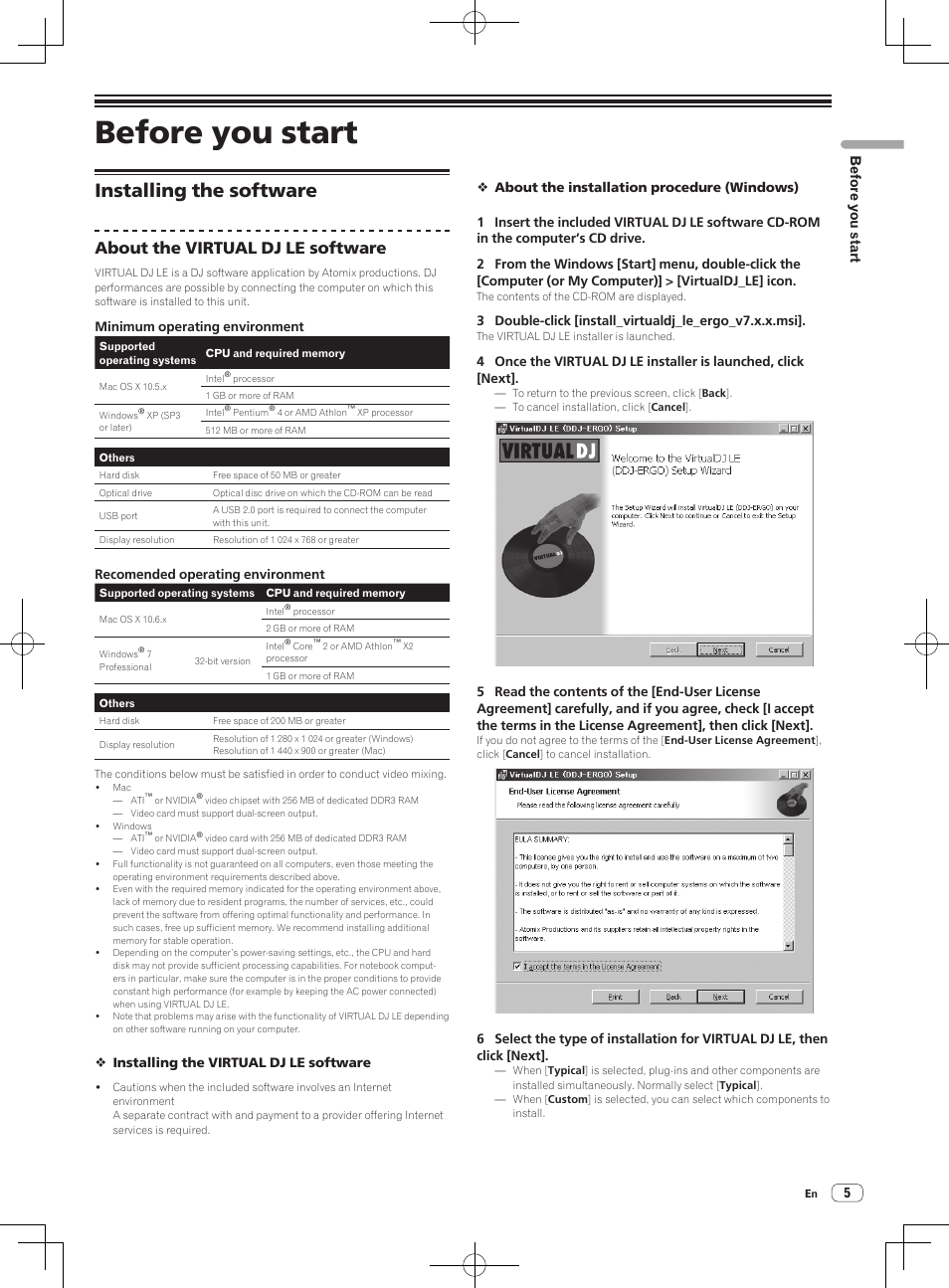 Before you start, Installing the software, About the virtual dj le software | Pioneer DDJ-ERGO-V User Manual | Page 5 / 32