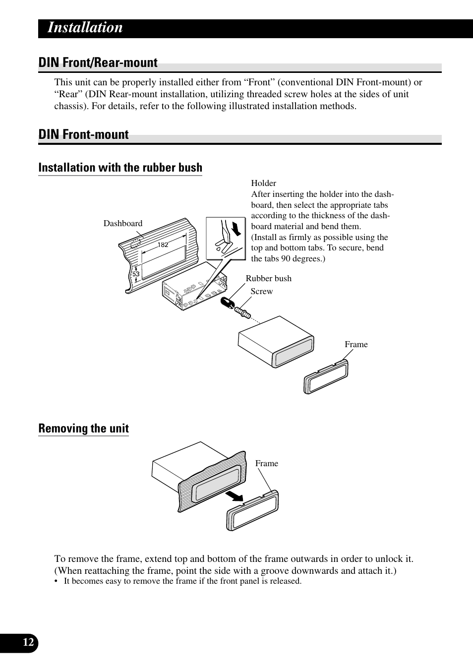 Din front/rear-mount din front-mount, Installation, Din front/rear-mount | Din front-mount | Pioneer XDV-P6 User Manual | Page 12 / 86