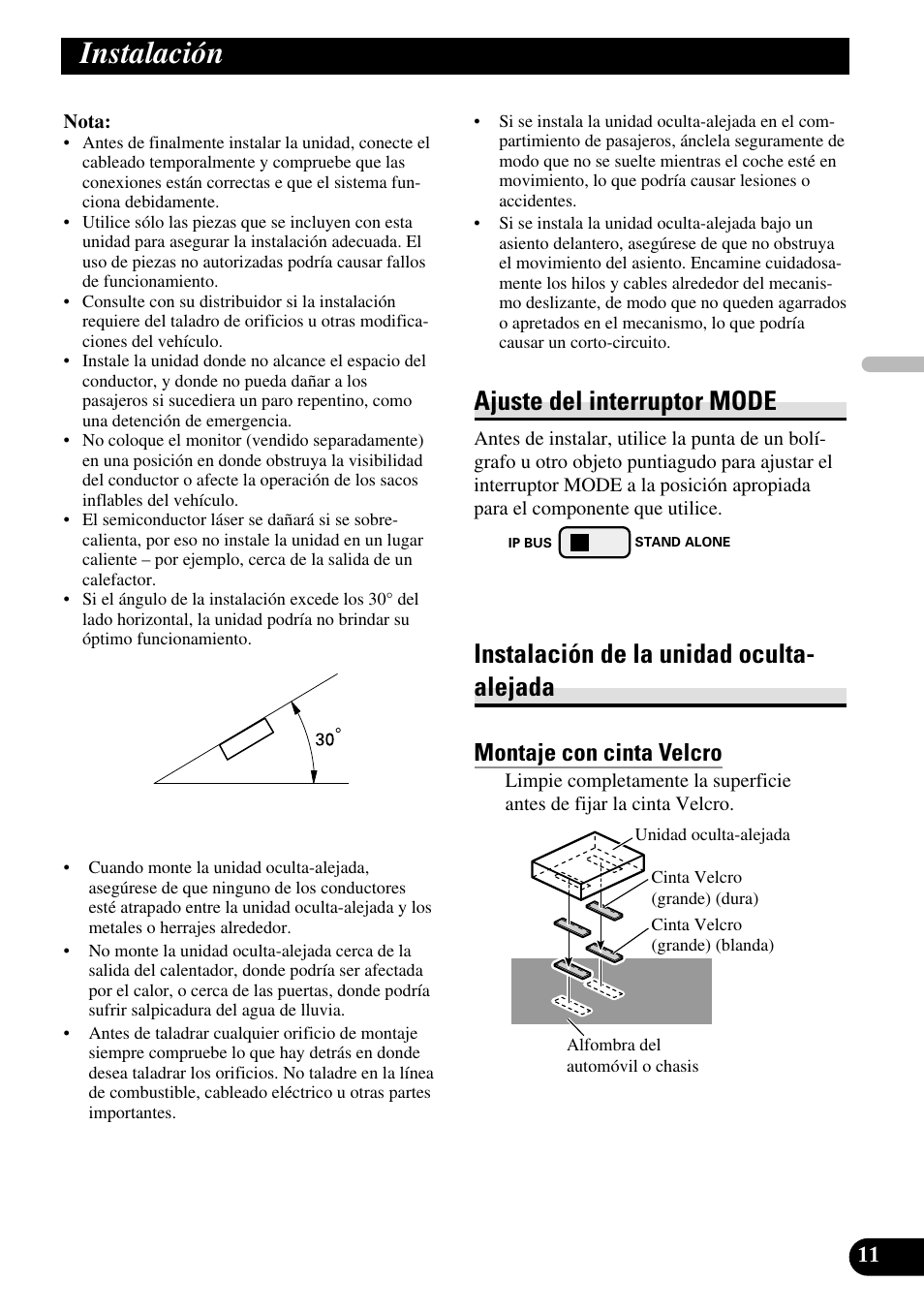 Instalación, Ajuste del interruptor mode, Instalación de la unidad oculta- alejada | Montaje con cinta velcro | Pioneer XDV-P6 User Manual | Page 25 / 86
