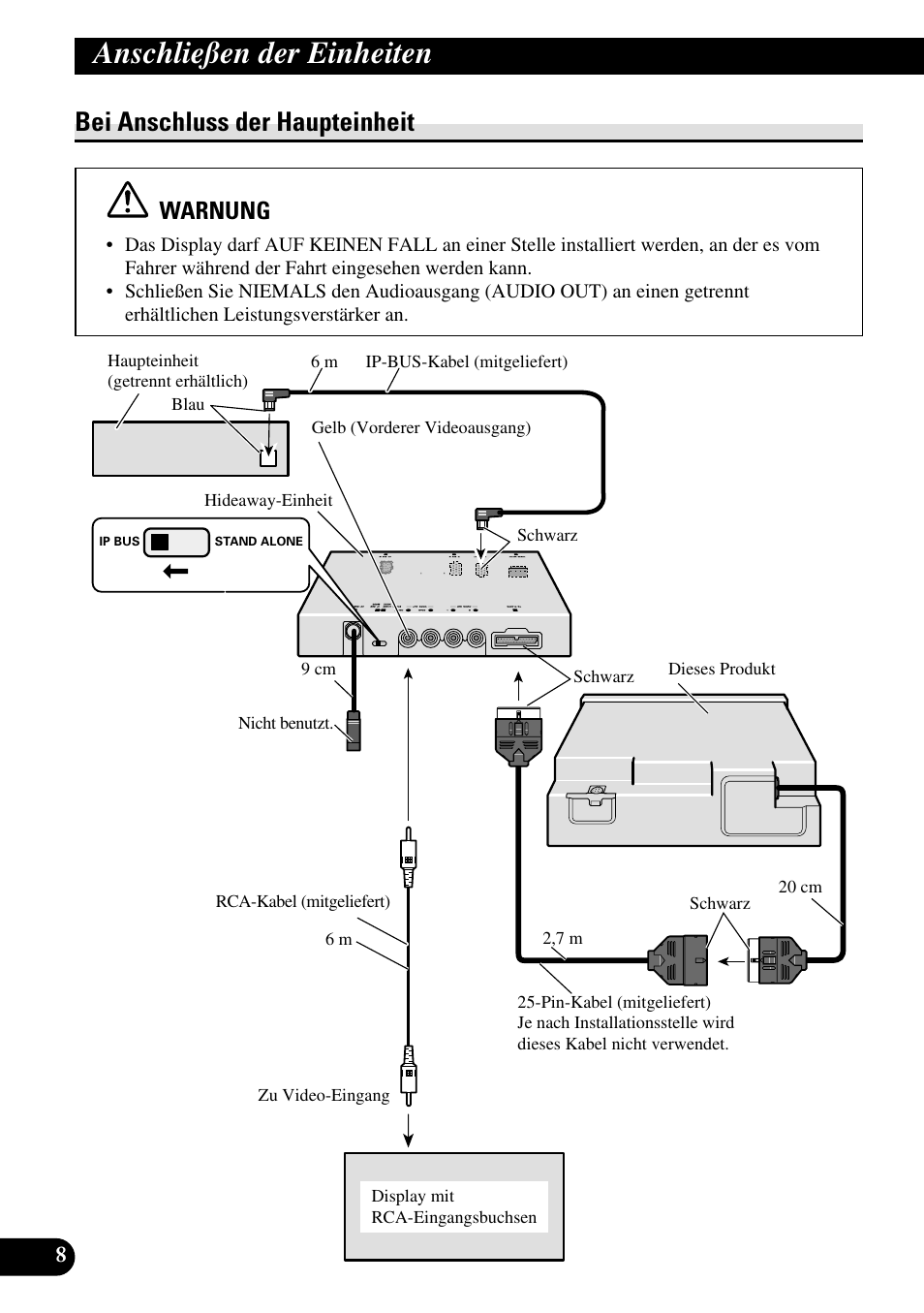 Bei anschluss der haupteinheit, Anschließen der einheiten, Warnung | Pioneer XDV-P6 User Manual | Page 36 / 86