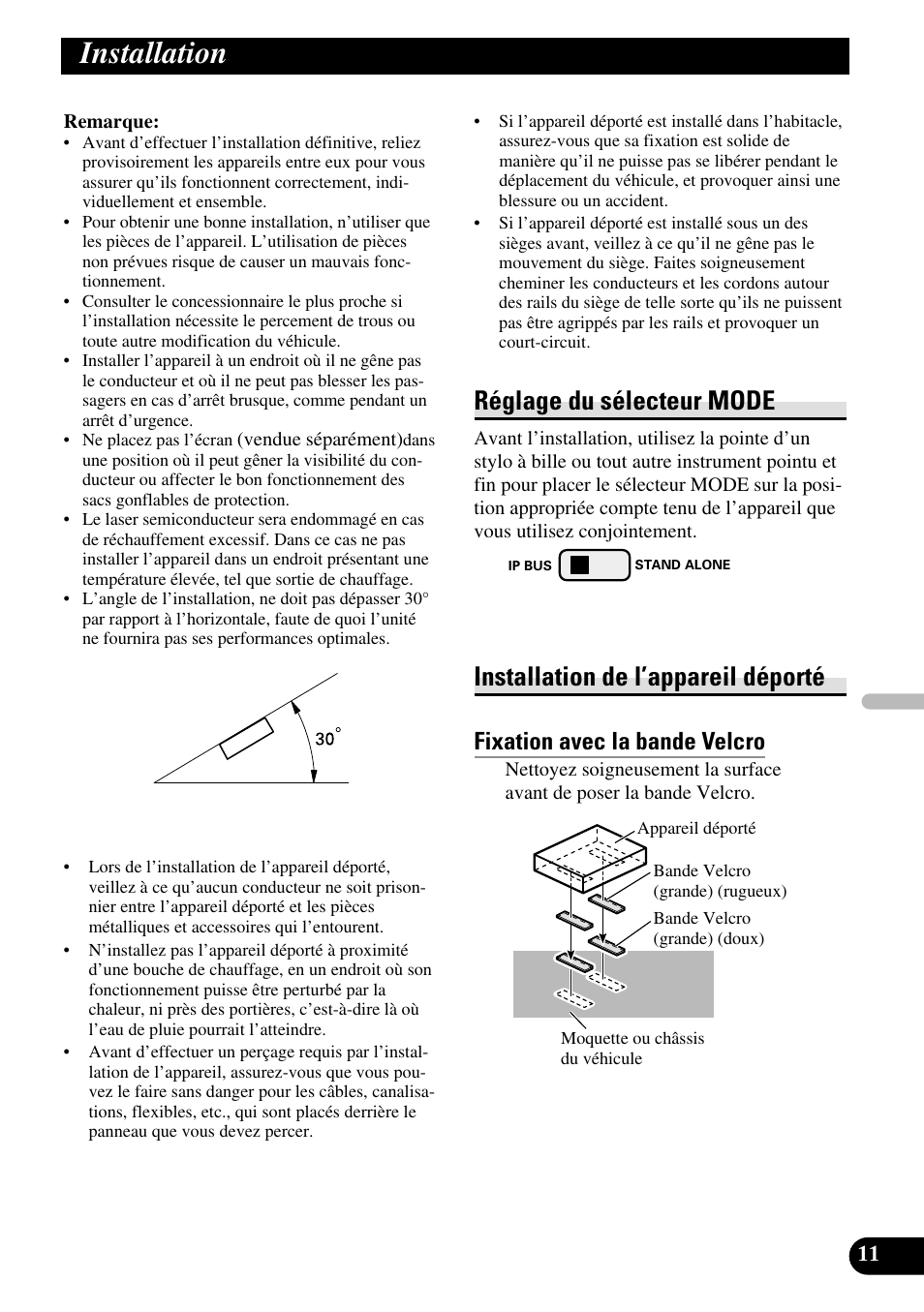 Installation, Réglage du sélecteur mode, Installation de l’appareil déporté | Fixation avec la bande velcro | Pioneer XDV-P6 User Manual | Page 53 / 86
