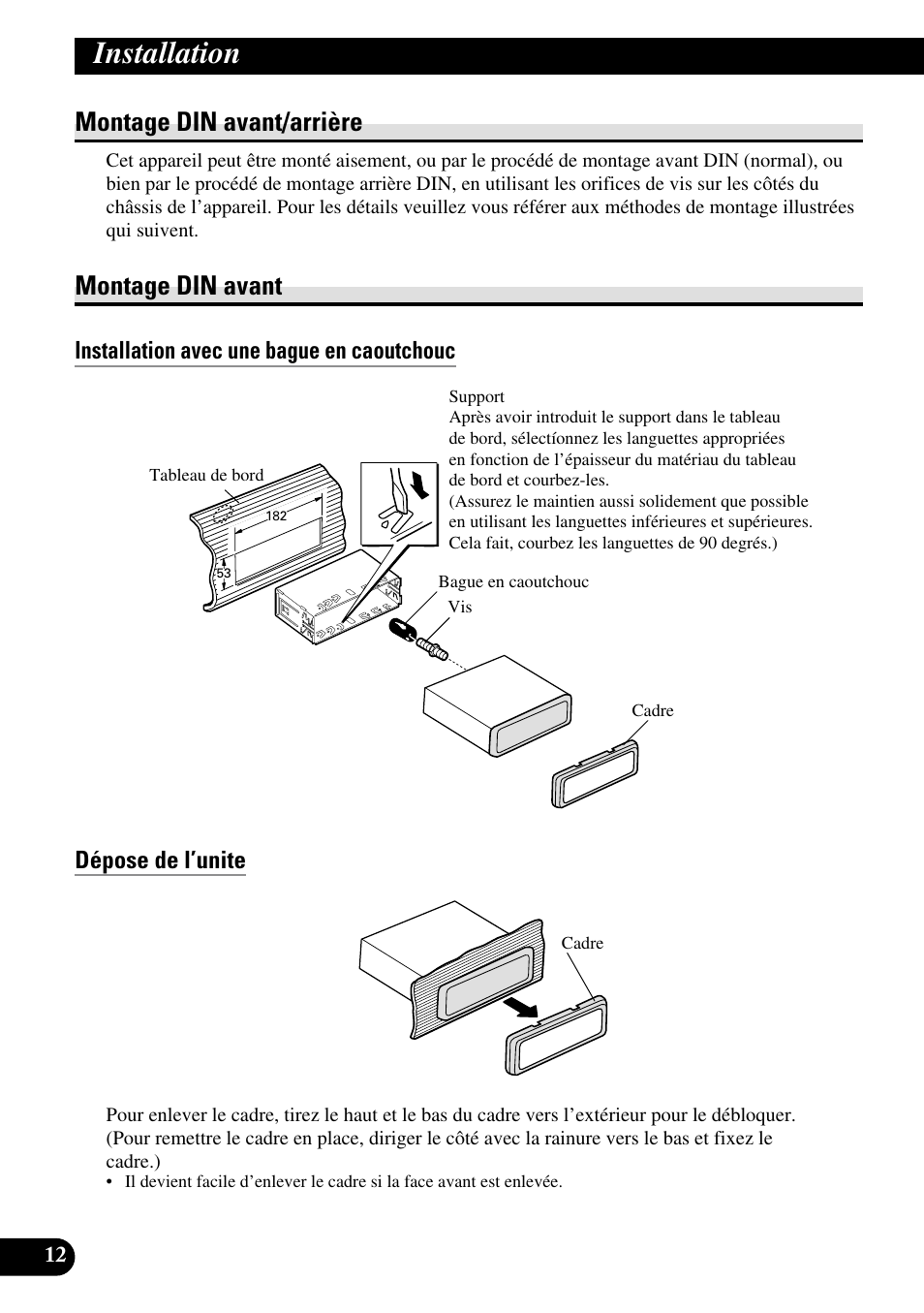 Montage din avant/arrière montage din avant, Installation, Montage din avant/arrière | Montage din avant | Pioneer XDV-P6 User Manual | Page 54 / 86