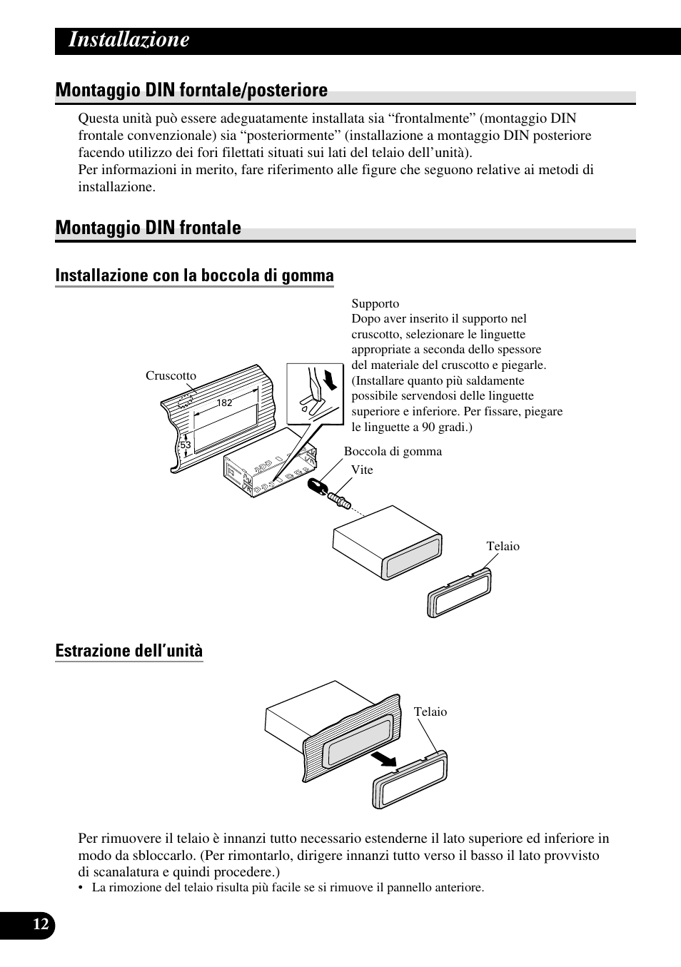 Installazione, Montaggio din forntale/posteriore, Montaggio din frontale | Pioneer XDV-P6 User Manual | Page 68 / 86