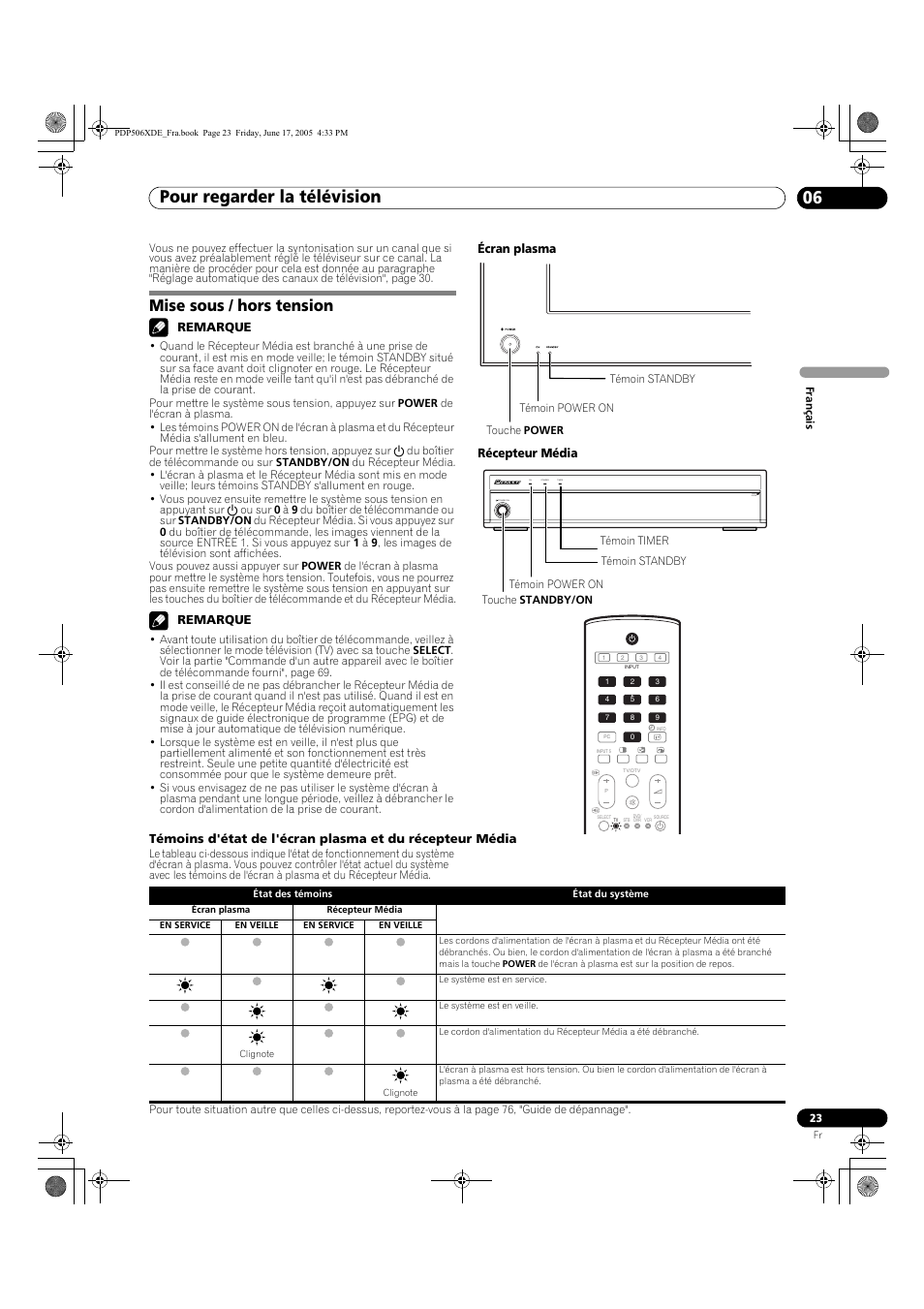 06 pour regarder la télévision, Mise sous / hors tension, Pour regarder la télévision 06 | Pour regarder la télévision, Timer standby on standby/on pull open | Pioneer PDP-506XDE User Manual | Page 101 / 236