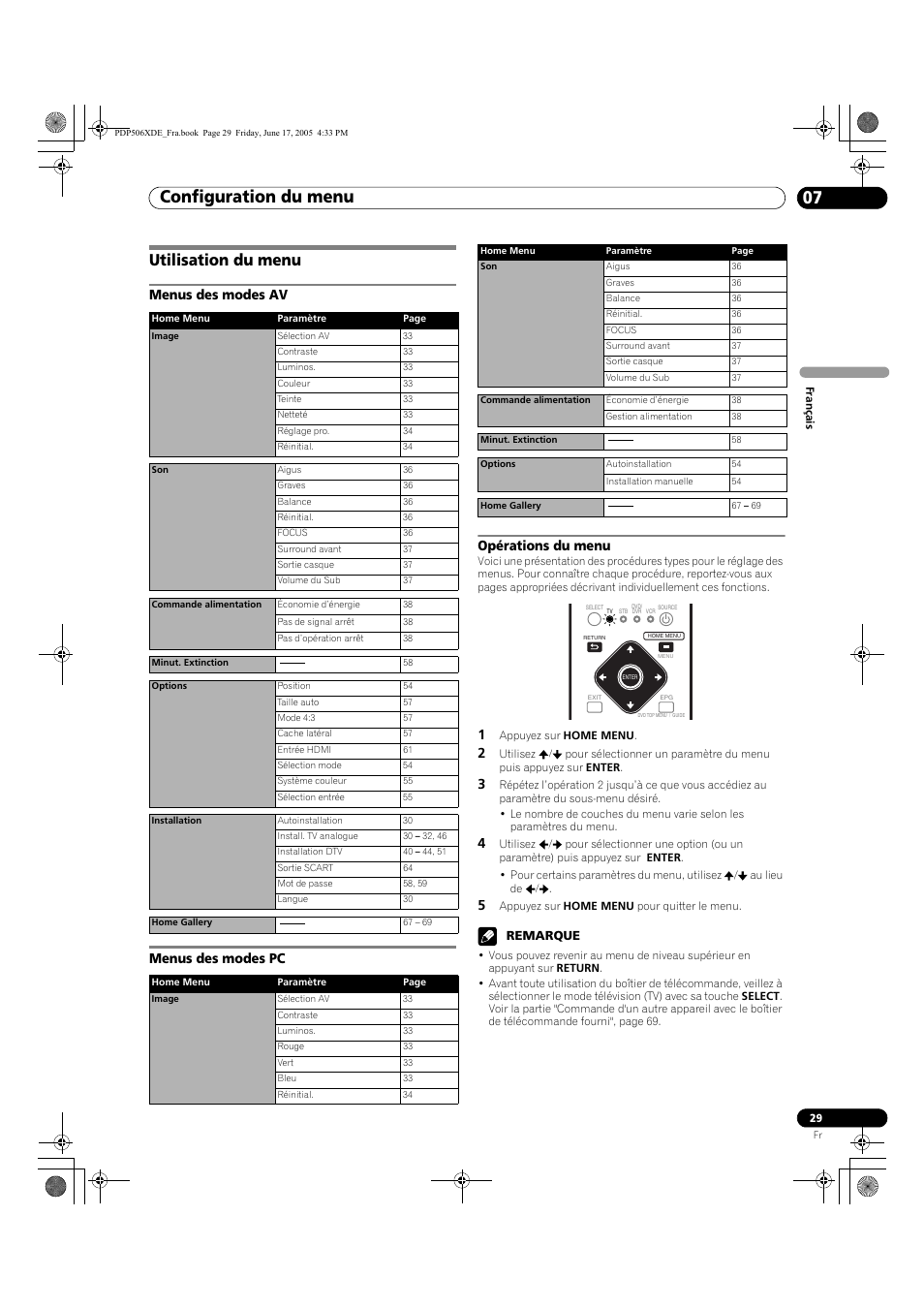 07 configuration du menu, Utilisation du menu, Configuration du menu 07 | Configuration du menu, Remarque | Pioneer PDP-506XDE User Manual | Page 107 / 236