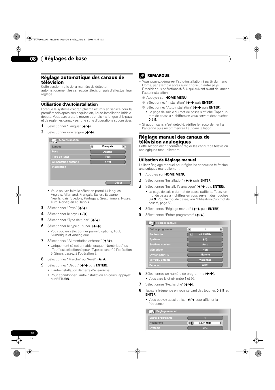 08 réglages de base, Réglage automatique des canaux de télévision, Utilisation d’autoinstallation | Utlisation de réglage manuel, Réglages de base 08 réglages de base | Pioneer PDP-506XDE User Manual | Page 108 / 236