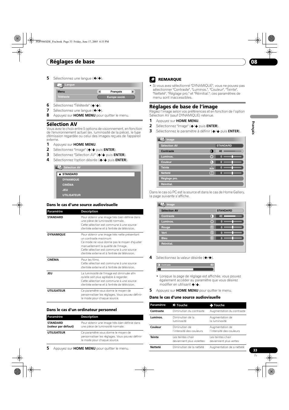 Sélection av réglages de base de l’image, Réglages de base 08, Sélection av | Réglages de base de l’image | Pioneer PDP-506XDE User Manual | Page 111 / 236