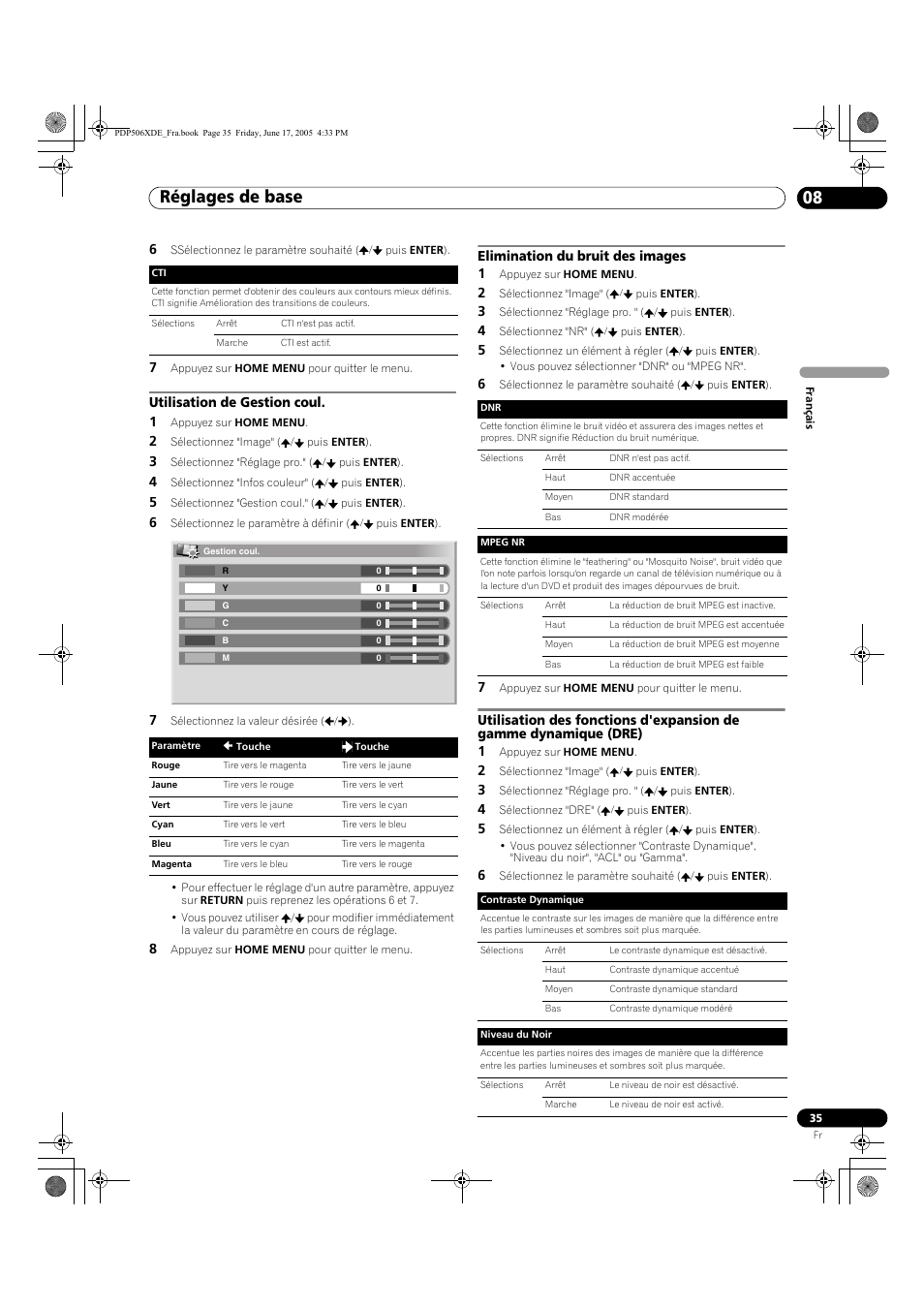 Réglages de base 08, Utilisation de gestion coul. 1, Elimination du bruit des images 1 | Pioneer PDP-506XDE User Manual | Page 113 / 236