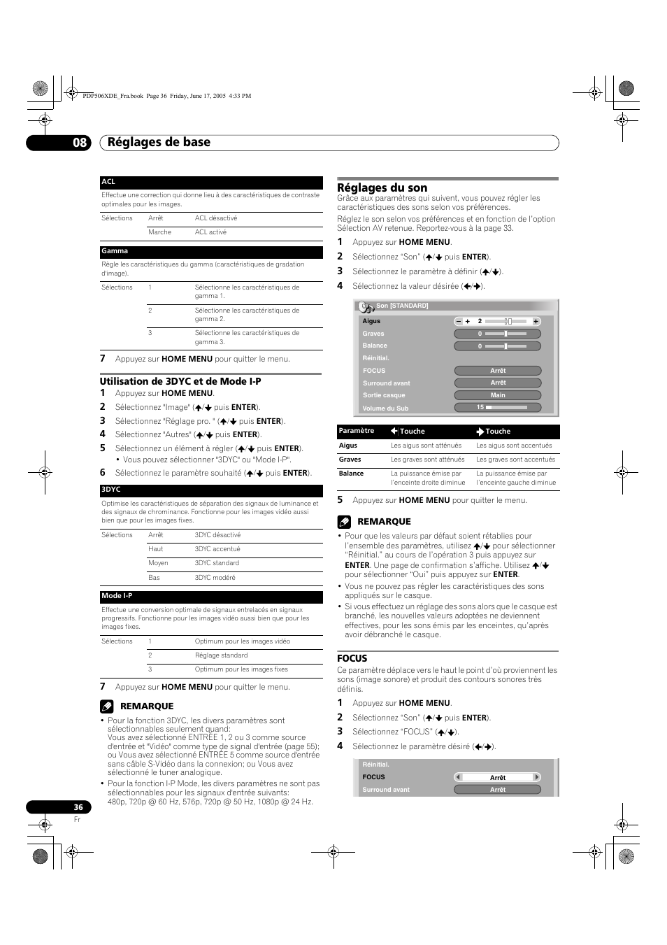 Utilisation de 3dyc et de mode i-p, Réglages du son, Focus | Réglages de base 08 | Pioneer PDP-506XDE User Manual | Page 114 / 236