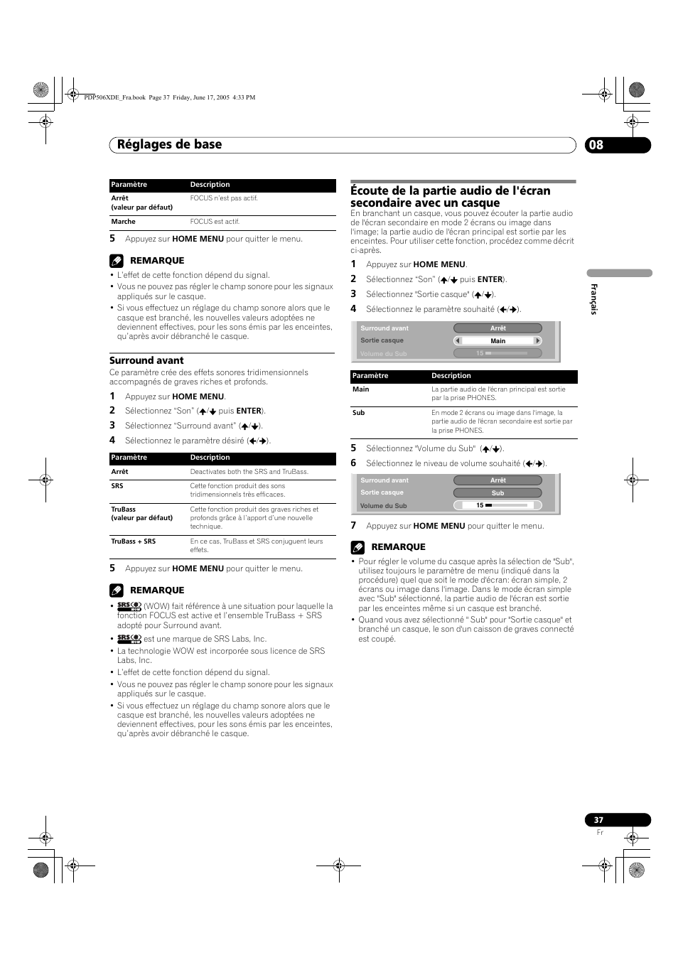 Surround avant, Réglages de base 08 | Pioneer PDP-506XDE User Manual | Page 115 / 236