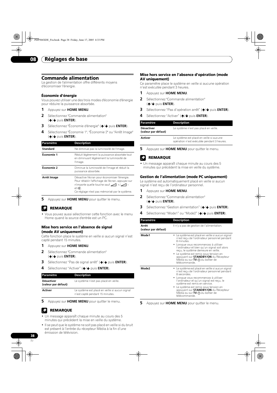 Commande alimentation, Réglages de base 08 | Pioneer PDP-506XDE User Manual | Page 116 / 236