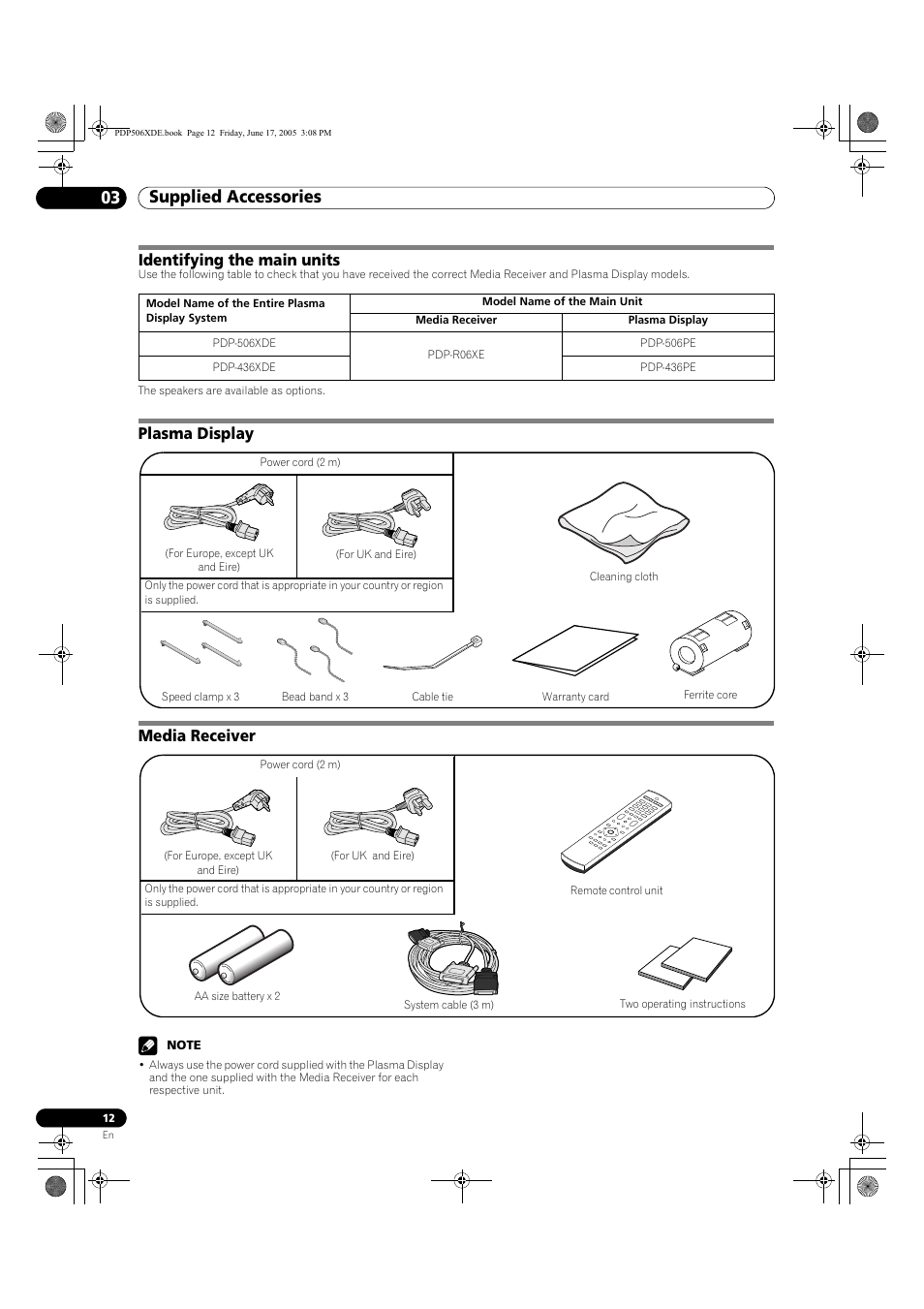 03 supplied accessories, Supplied accessories 03 supplied accessories, Identifying the main units | Plasma display media receiver | Pioneer PDP-506XDE User Manual | Page 12 / 236