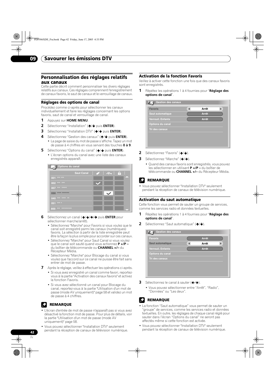 Personnalisation des réglages relatifs aux canaux, Savourer les émissions dtv 09 | Pioneer PDP-506XDE User Manual | Page 120 / 236
