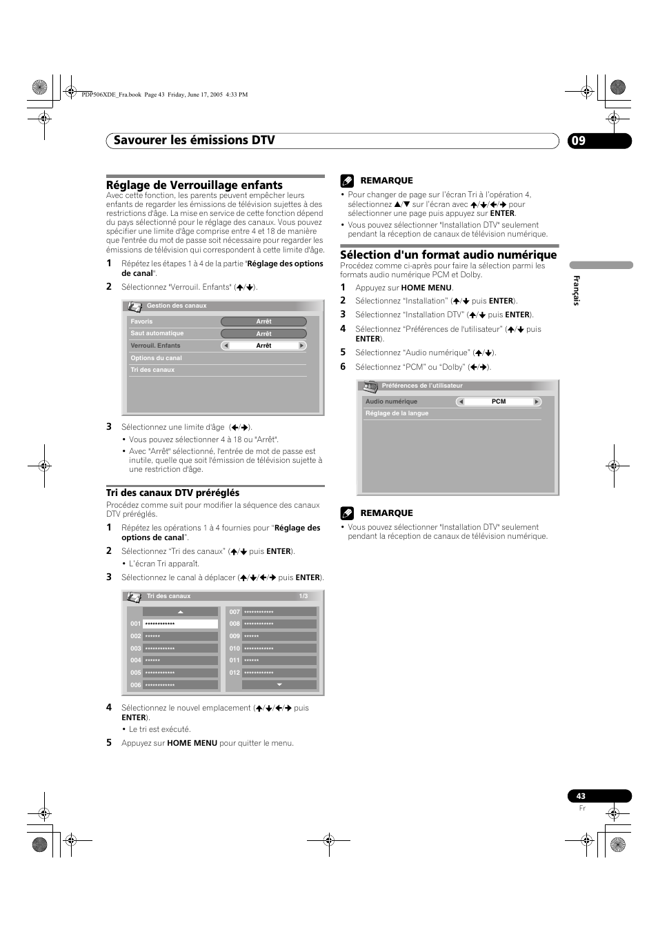 Réglage de verrouillage enfants, Tri des canaux dtv préréglés, Sélection d'un format audio numérique | Savourer les émissions dtv 09 | Pioneer PDP-506XDE User Manual | Page 121 / 236