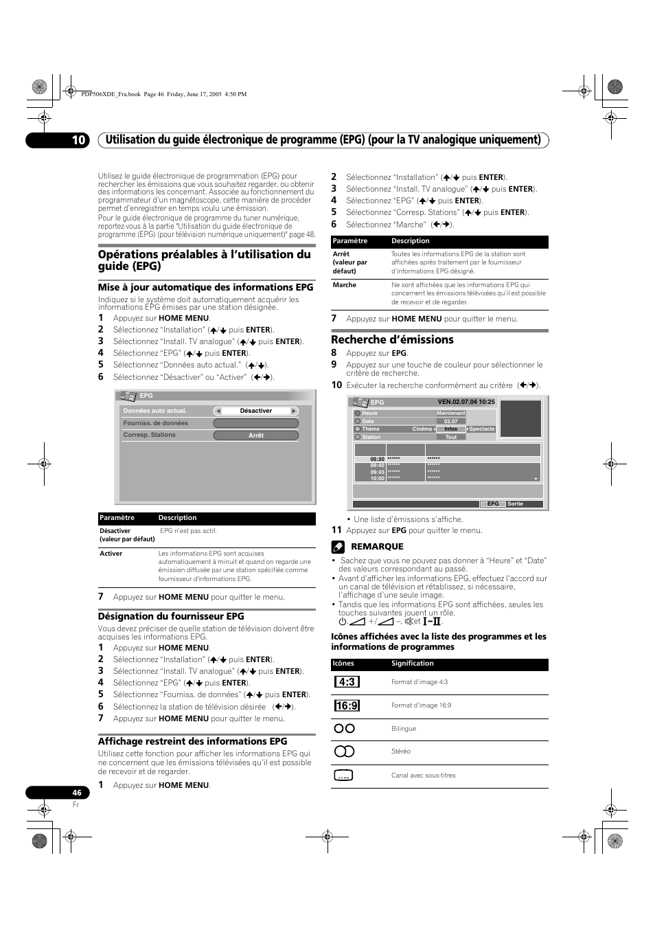 10 utilisation du guide électronique de, Programme (epg) (pour la tv analogique uniquement), Recherche d’émissions | Pioneer PDP-506XDE User Manual | Page 124 / 236