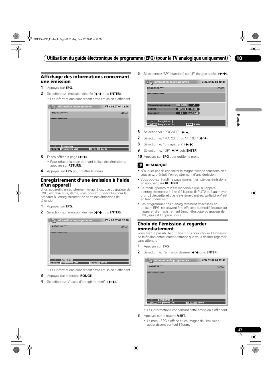 Affichage des informations concernant une émission, Choix de l’émission à regarder immédiatement | Pioneer PDP-506XDE User Manual | Page 125 / 236